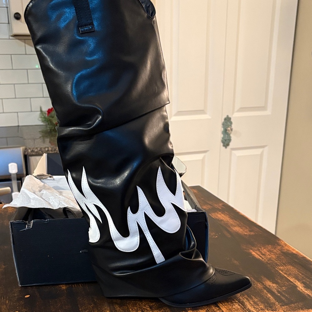 Fashion Nova Black and White Heeled Boots